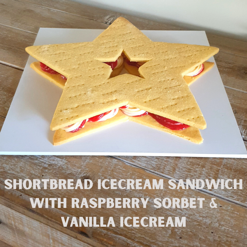 Shortbread Ice Cream Sandwich With Raspberry Sorbert and Vanilla Ice Cream