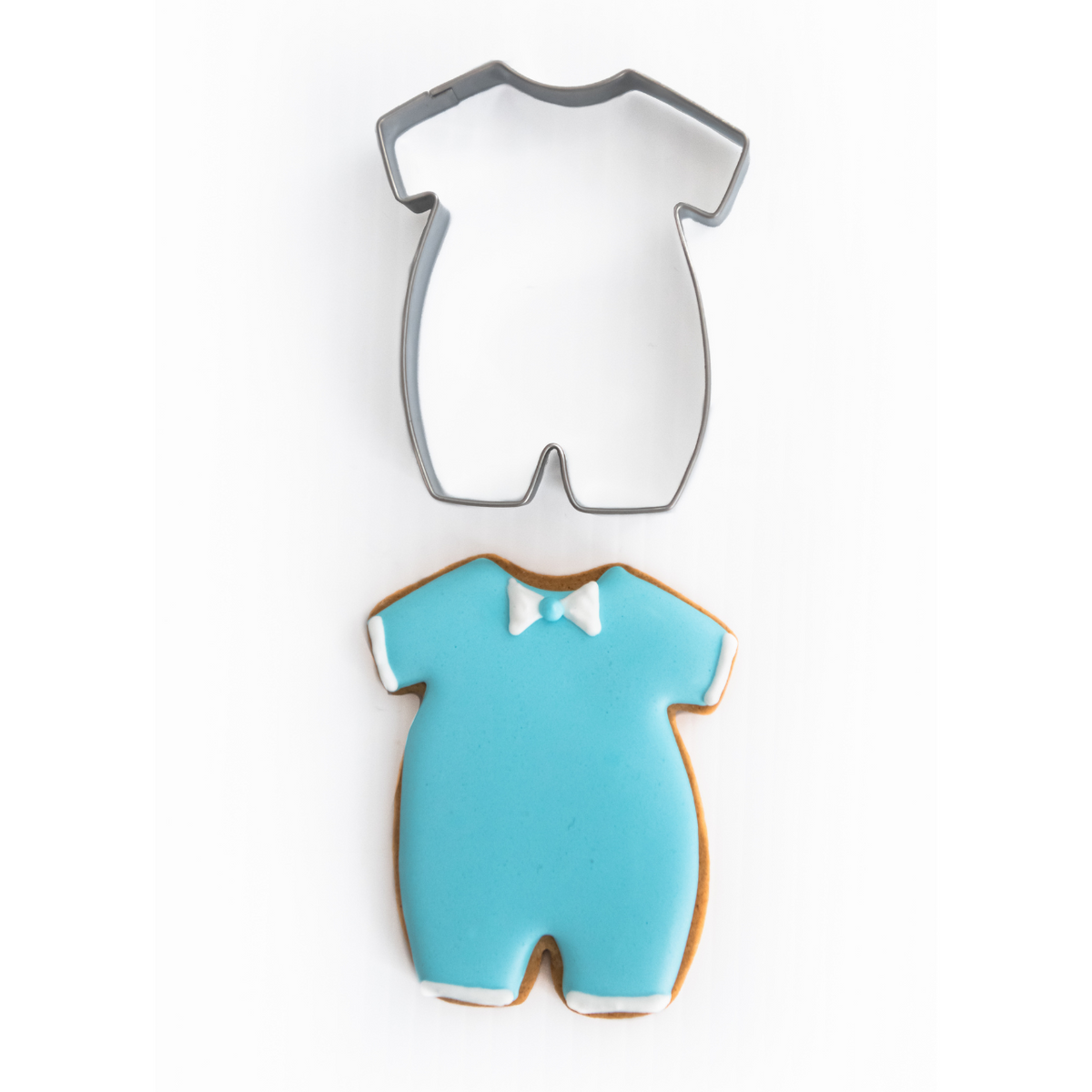 Baby suit cookie cutter stainless steel with decorated cookie made with royal icing in blue and white