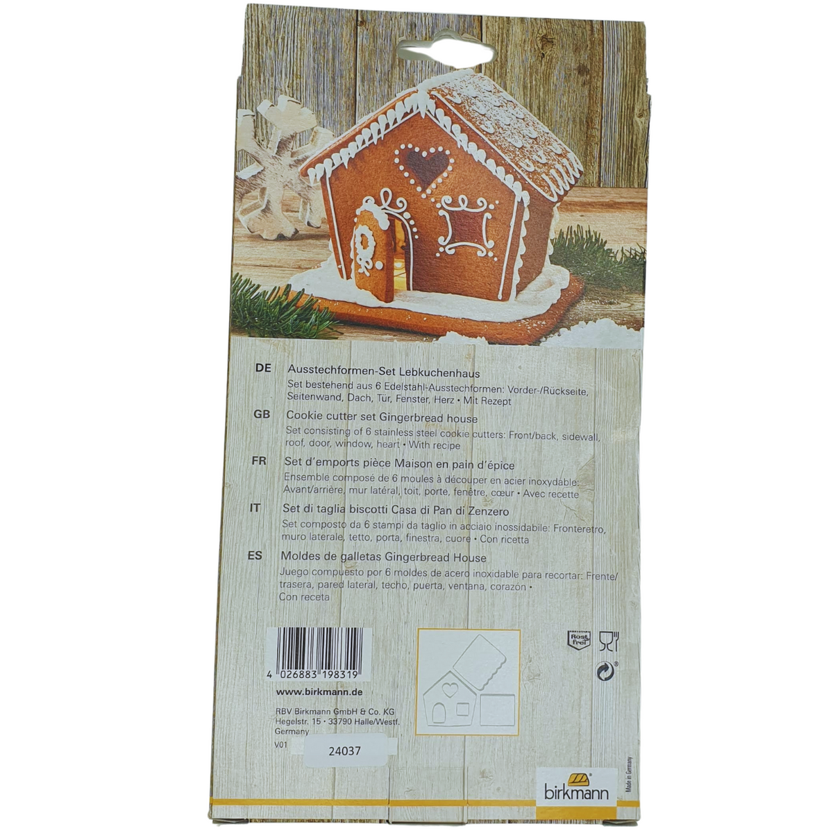 The back of the gingerbread house cookie cutter set of 6 packaging showing another decorating option as well as outlines of the cutters included.