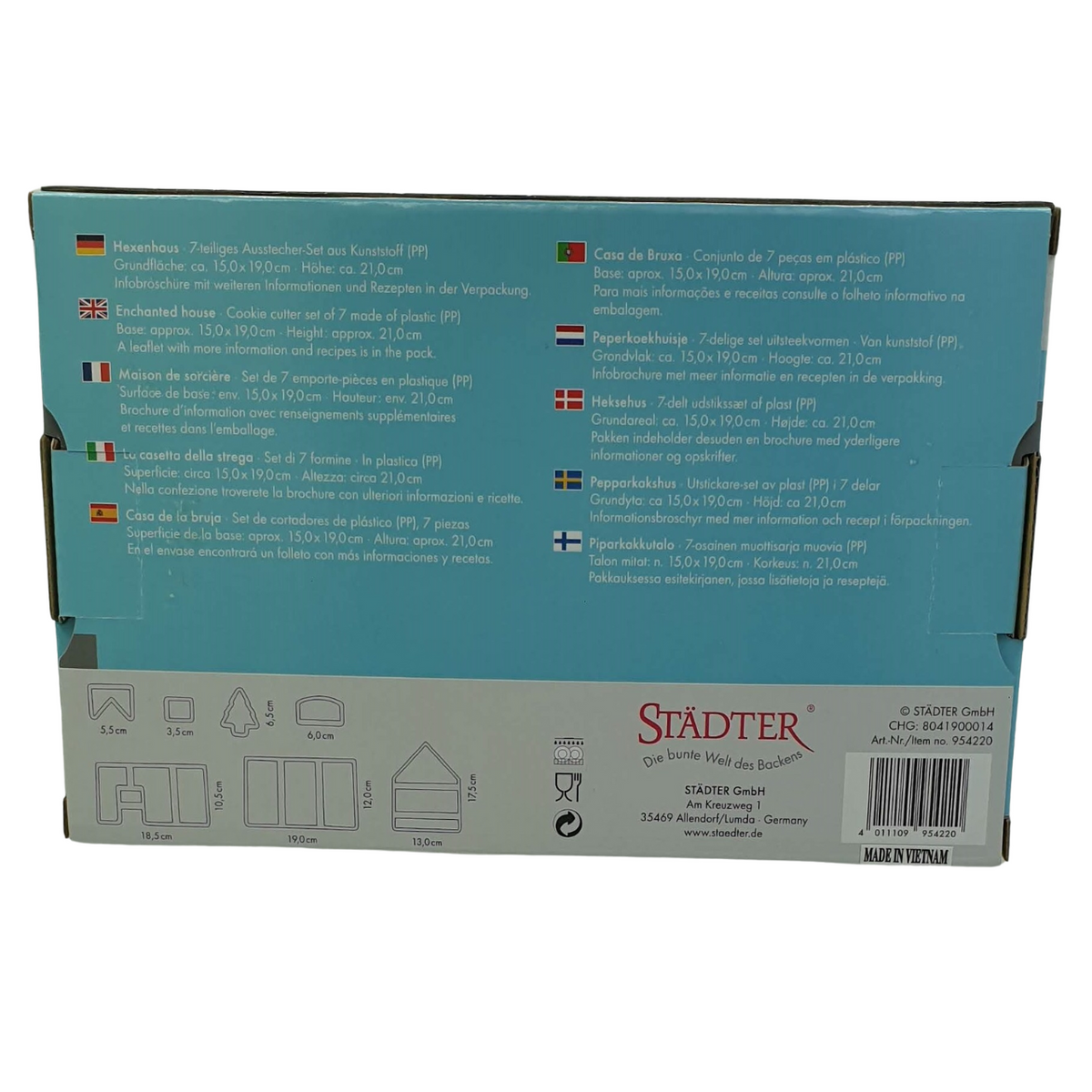 Gingerbread house set of 7 cookie cutters in packaging back view showing cutter measurements.