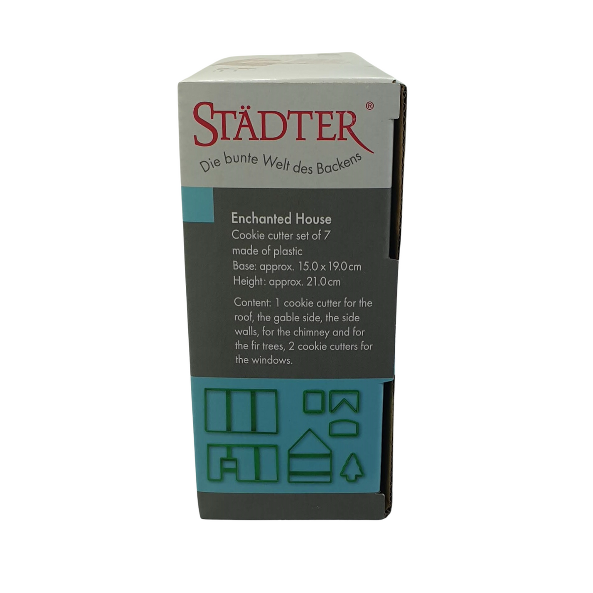 Gingerbread house set of 7 cookie cutters side view of packaging.