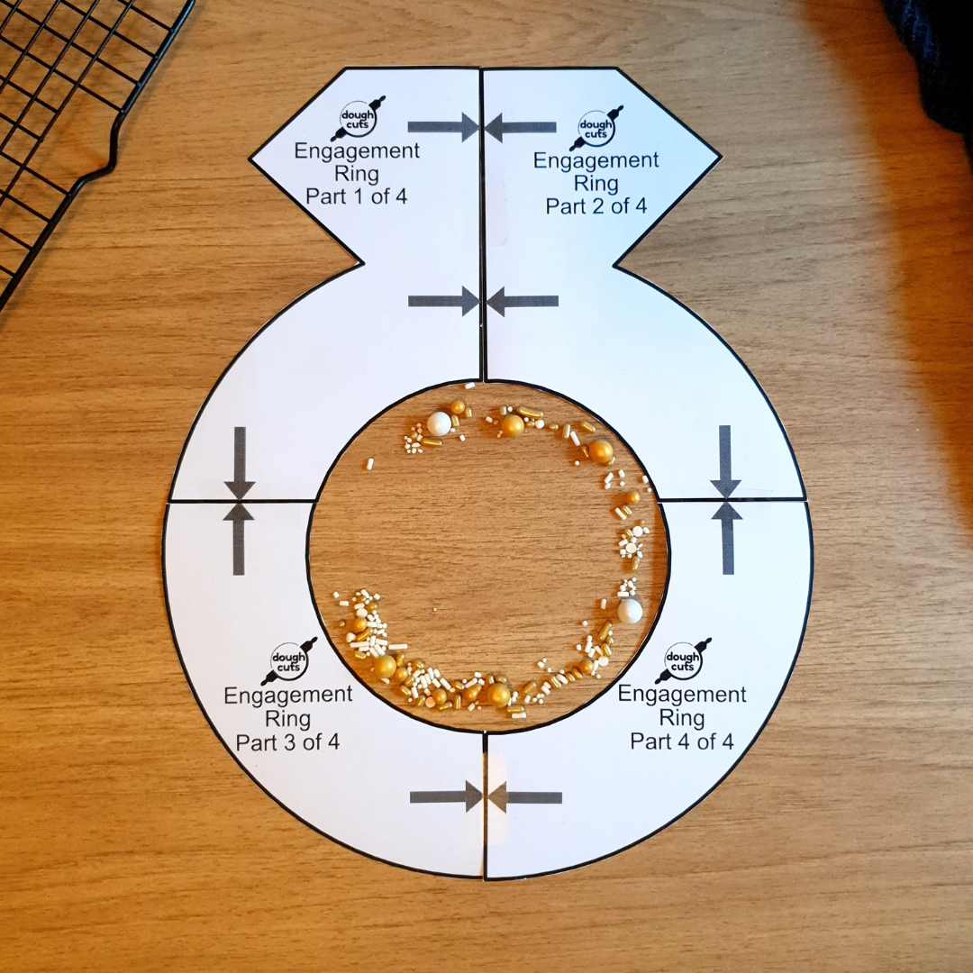 Baking stencil in shape of large engagement ring to make cookie cake or cake