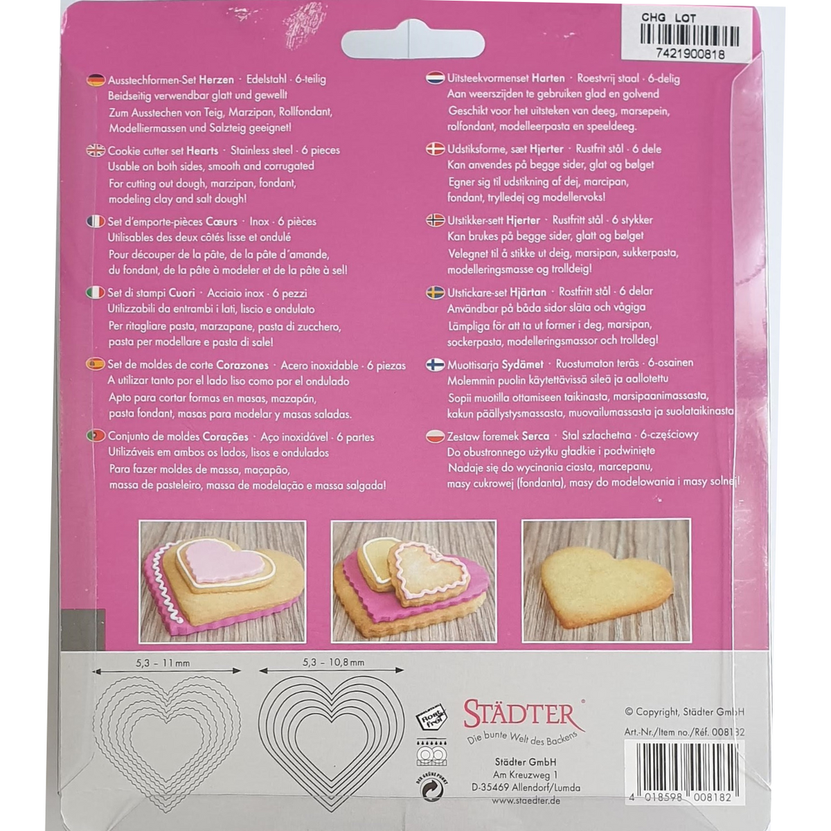 Back of packaging of set of 6 professional quality stainless steel heart shaped cookie cutters.