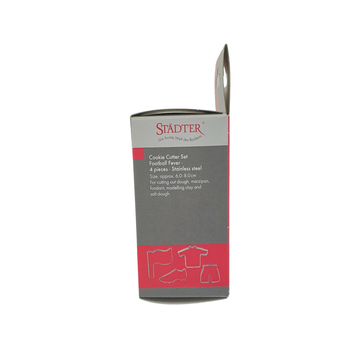 Soccer Set of 4 Cookie Cutters packaging side view showing outline of each of the cutters included in the set.