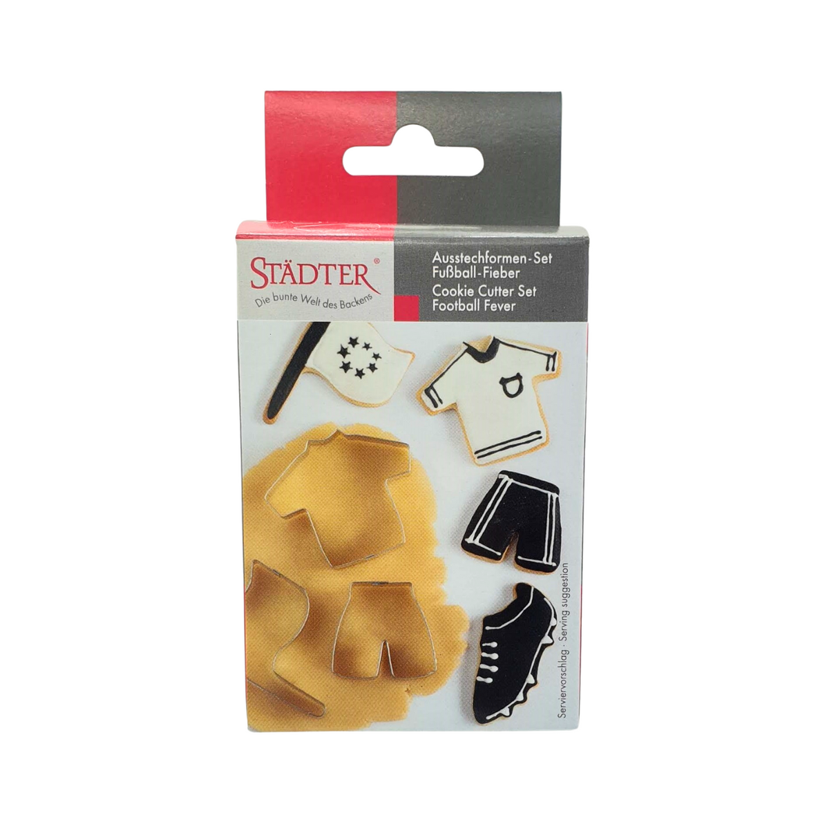 Soccer cookie cutter set packaging showing decorated football themed cookies