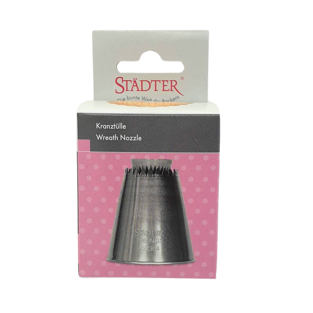 Packaging of wreath icing tip nozzle With Opening of 30mm popularly used to pipe meringue wreaths.  Made of stainless steel.